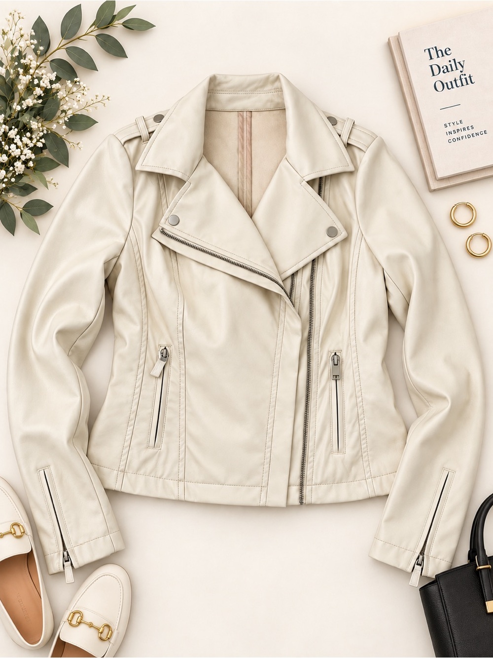 KUT From the Kloth Ivory Faux Leather Moto Jacket Size S NWT
